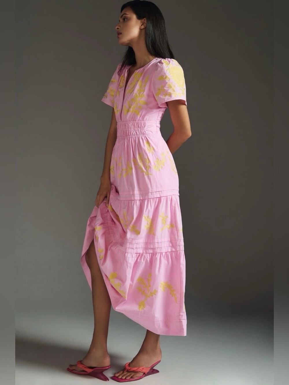 Anthropologie Somerset Maxi Dress in Pink & Yellow Embroidered Edition Sz Medium - Picture 4 of 15